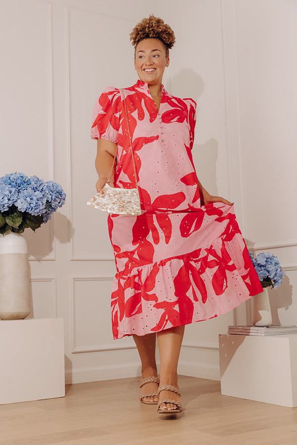 Brunch On Bloom Floral Eyelet Midi Dress in Pink Curves Image - 2