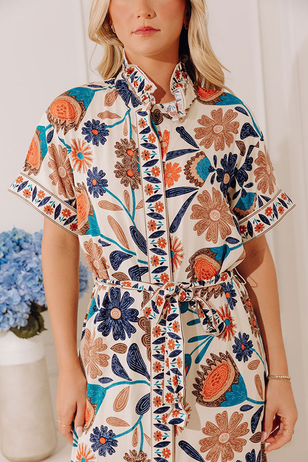 Tuscan Sun Floral Button Down Midi Dress in French Vanilla Image - 3