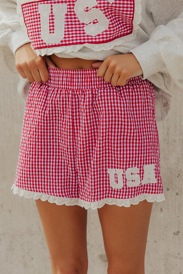 USA Darling High Waist Embroidered Gingham Shorts