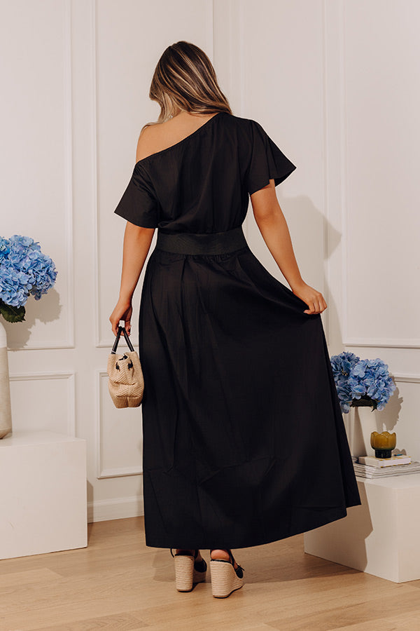 Soho Evening Asymmetrical Poplin Maxi Dress in Black Image - 3