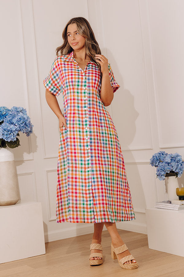 Simple Joy Button Down Gingham Midi Dress Image - 4