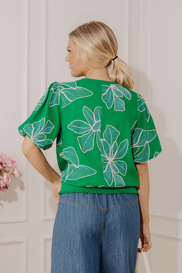 Mediterranean Mood Floral Embroidered Top in Kelly Green Image - 2