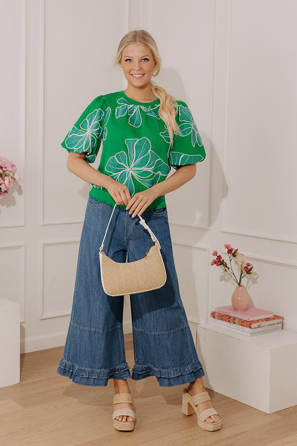 Mediterranean Mood Floral Embroidered Top in Kelly Green Image - 4