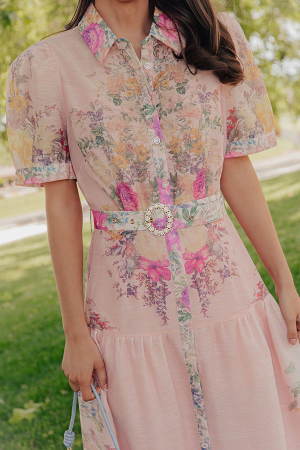 Whispering Petals Button Down Midi Dress in Pink Image - 2