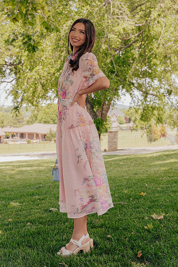 Whispering Petals Button Down Midi Dress in Pink Image - 3