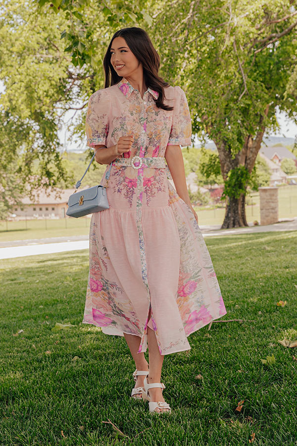 Whispering Petals Button Down Midi Dress in Pink Image - 1