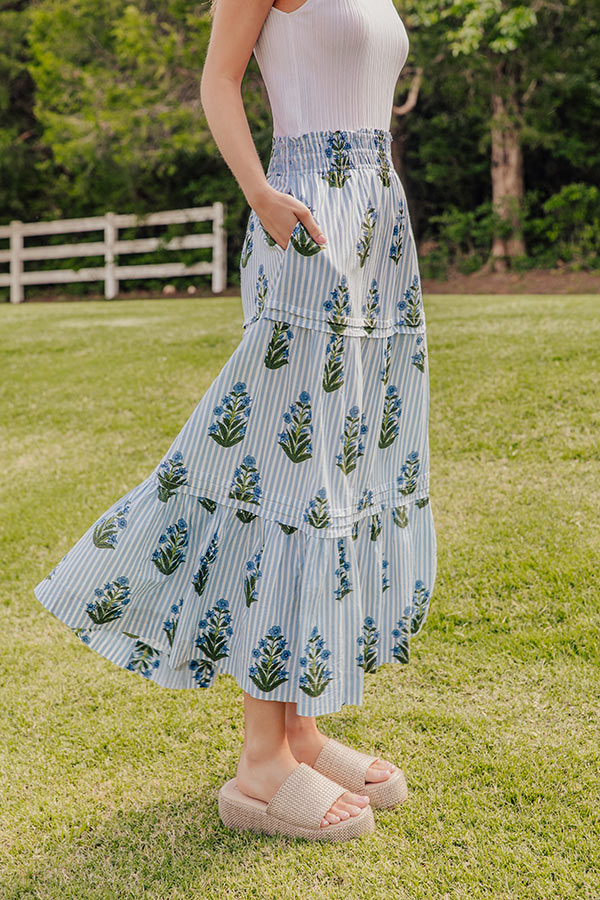 Boho Energy High Waist Floral Midi Skirt in Light Blue Image - 3