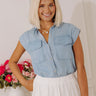 Casual Hangout Chambray Button Up Top in Light Wash Image - 1