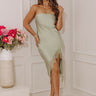Sleek And Chic Lace Trim Satin Midi Dress in Sage Image - 1