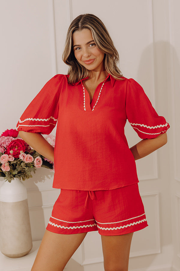 Cue The Vacay Linen-Blend Top in Red Image - 5