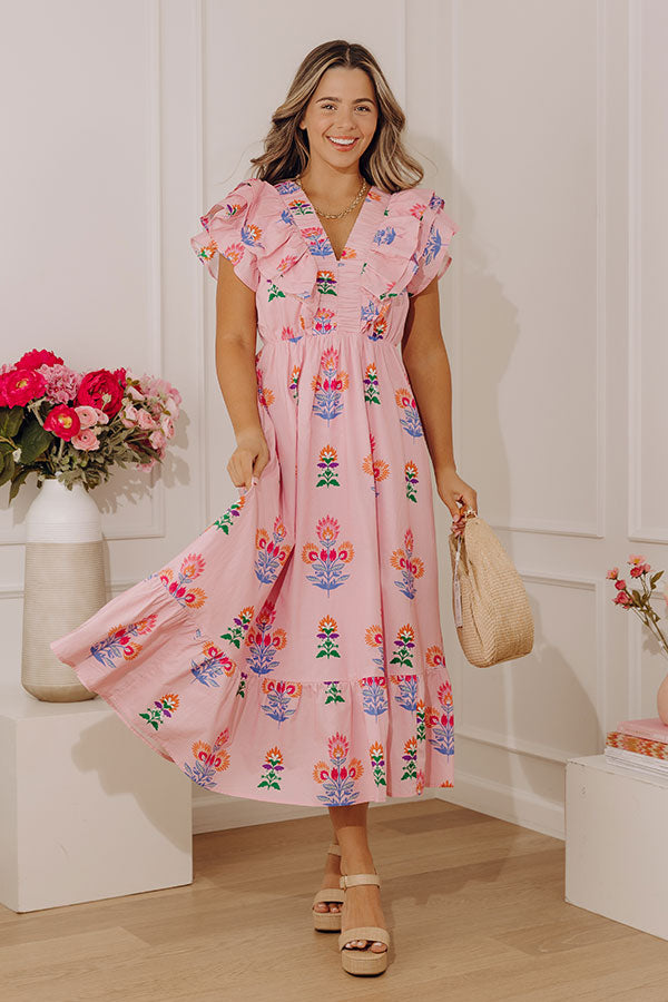 Santorini Stroll Floral Midi Dress in Pink