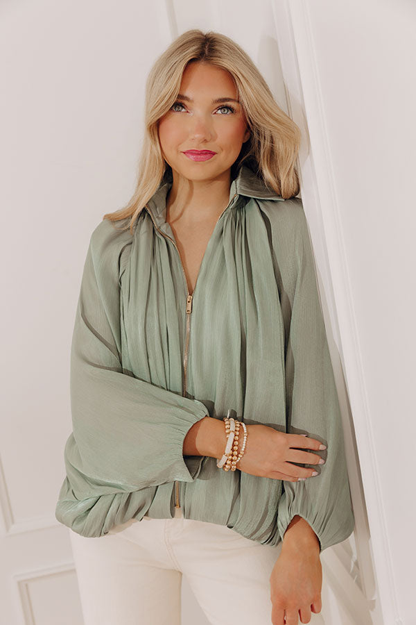 City Lights Organza Zip Up Top in Sage Image - 1