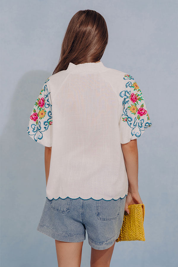 Bloom and Vine Embroidered Linen-Blend Top Image - 5