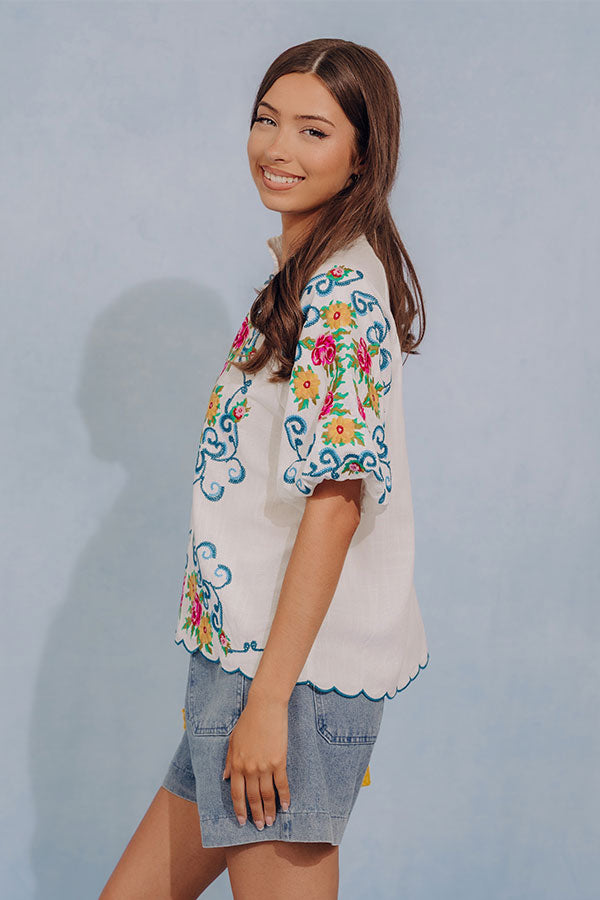 Bloom and Vine Embroidered Linen-Blend Top Image - 4