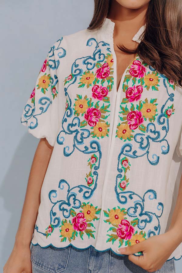 Bloom and Vine Embroidered Linen-Blend Top Image - 3