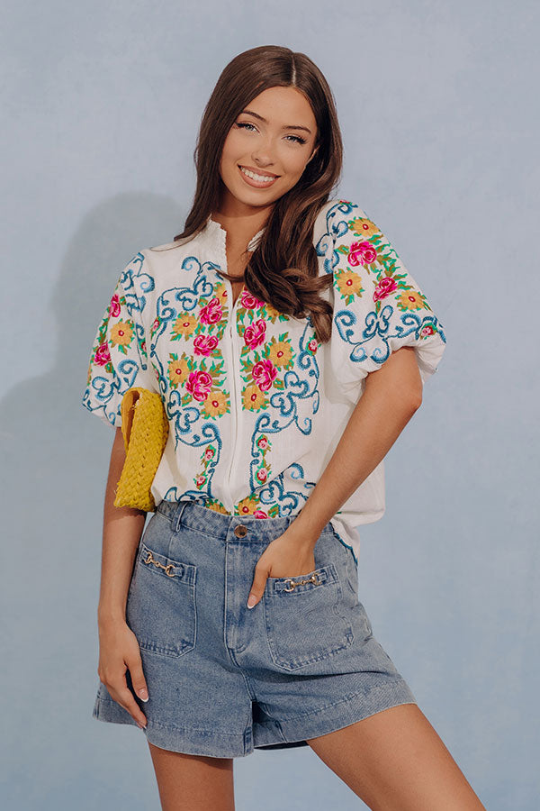 Bloom and Vine Embroidered Linen-Blend Top Image - 1