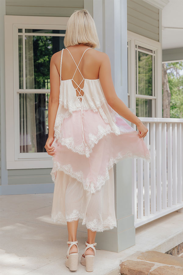 Moonlit Romance Tiered Lace Trim Midi Dress Image - 4