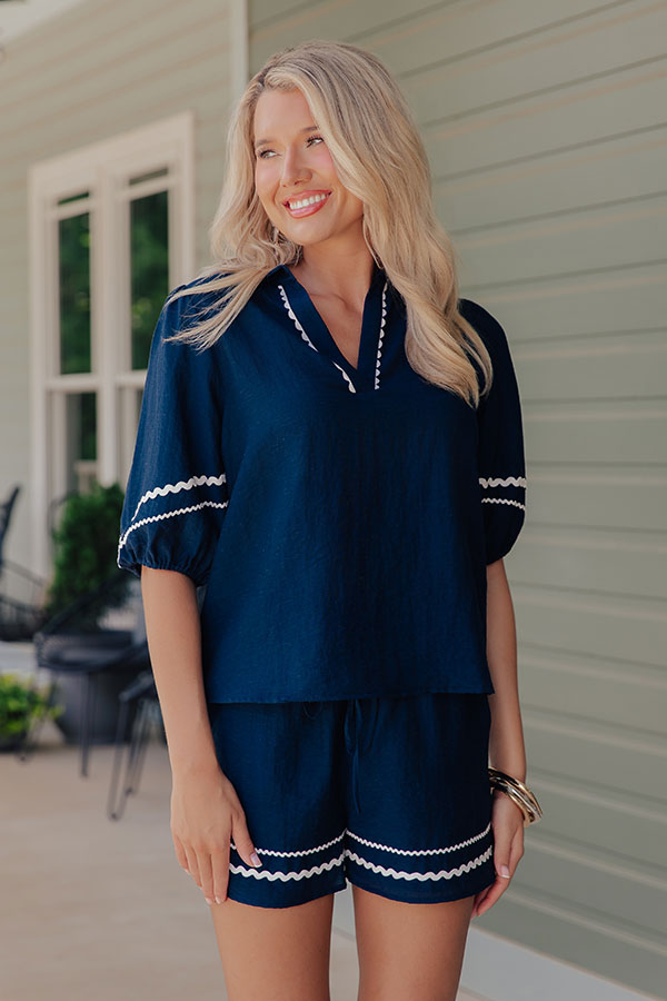 Cue The Vacay Linen-Blend Top in Navy