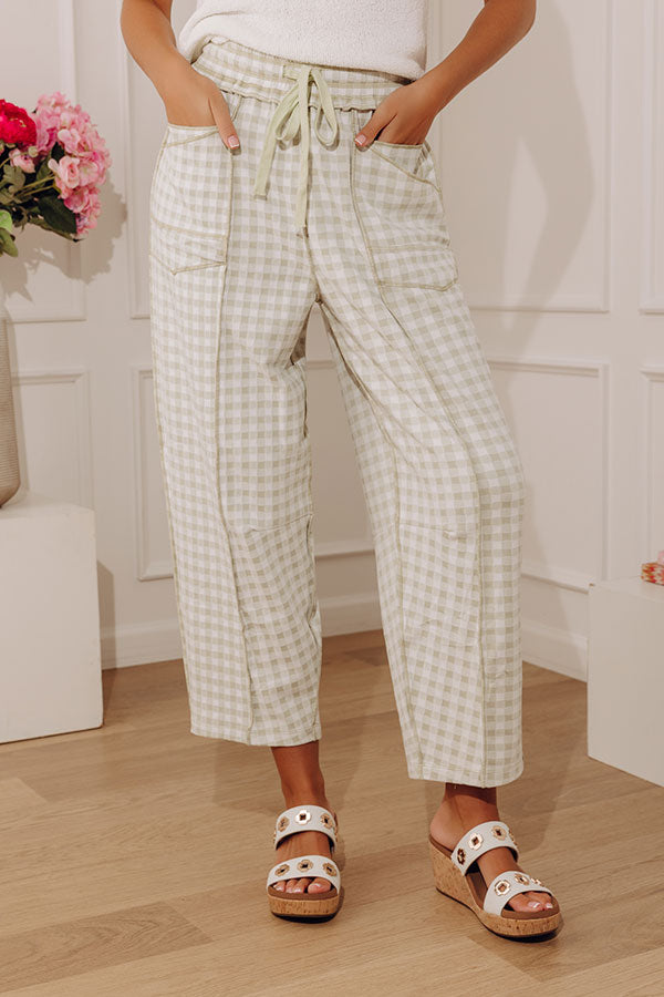 The Callie High Waist Checkered Barrel Leg Pants in Light Sage