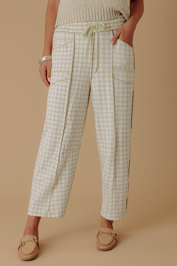 The Callie High Waist Checkered Barrel Leg Pants in Light Sage