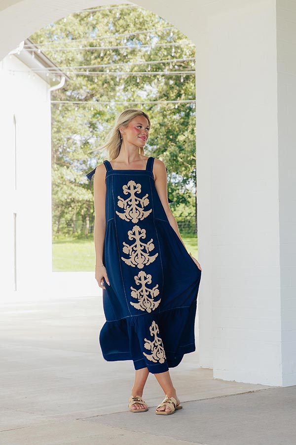 St. Tropez Garden Embroidered Midi Dress in Navy