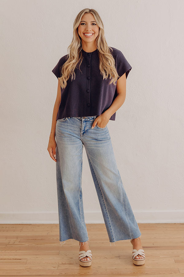 Uptown Muse Knit Button Up Top in Navy