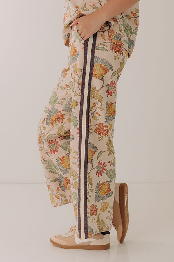 Botanical Club High Waist Floral Wide Leg Pants in Oatmeal Image - 4