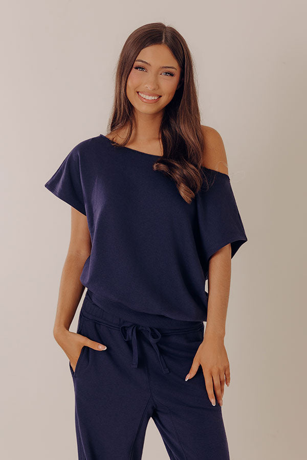 Casual Ease Off Shoulder Terry Top in Navy Image - 3