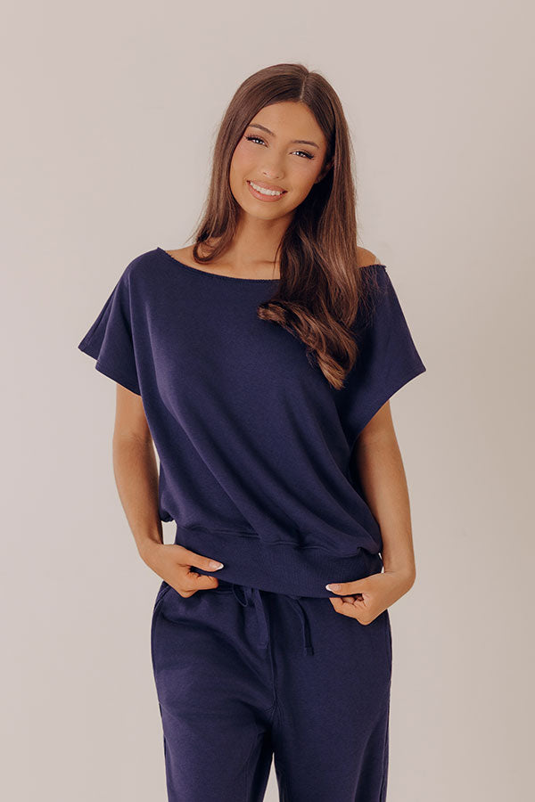 Casual Ease Off Shoulder Terry Top in Navy Image - 1