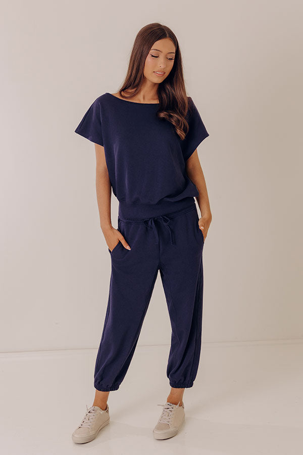 Casual Ease Off Shoulder Terry Top in Navy Image - 2