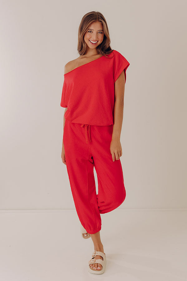 Casual Ease Off Shoulder Terry Top in Raspberry