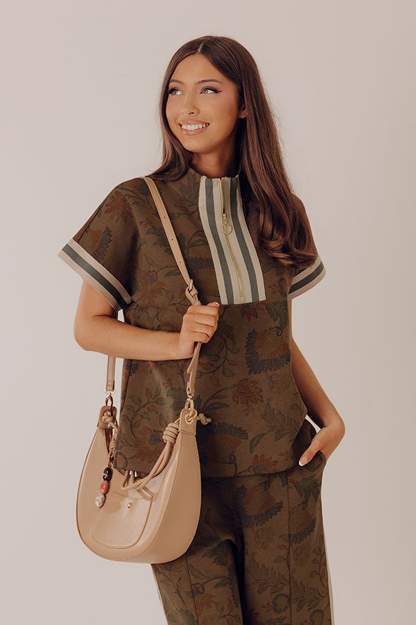 Botanical Club Floral Quarter Zip Top in Chestnut Image - 1