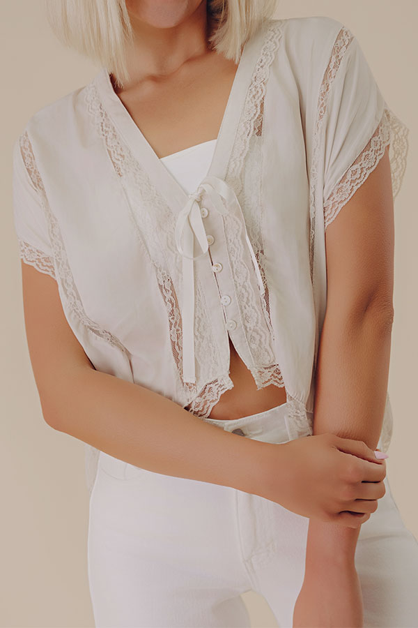 Femme Fatale Satin Lace Trim Top in Light Oatmeal Image - 2