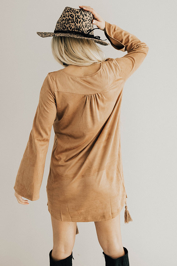 Making an Entrance Lace Up Faux Suede Shift Dress in Tan Image - 5