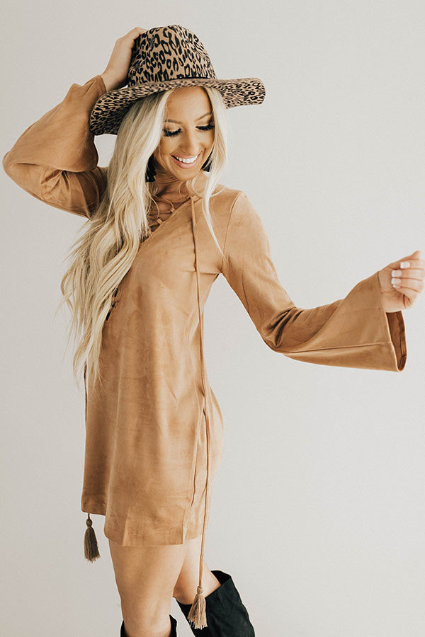 Making an Entrance Lace Up Faux Suede Shift Dress in Tan Image - 3