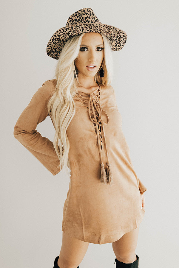 Making an Entrance Lace Up Faux Suede Shift Dress in Tan Image - 2
