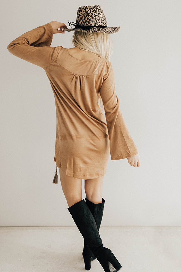 Making an Entrance Lace Up Faux Suede Shift Dress in Tan Image - 4
