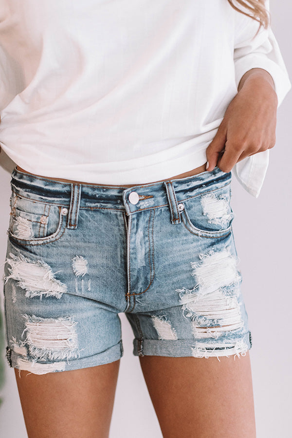 Serene Shores Midrise Distressed Cuff Shorts in Medium Wash