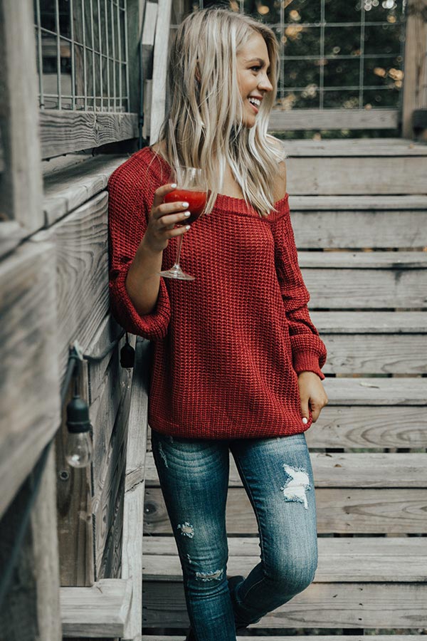 Give Me Cozy Off Shoulder Sweater in Crimson Image - 1