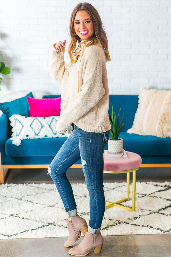 Snowfall Sweetness Chenille Lace Up Sweater in Cream Image - 3