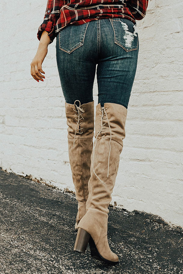 The Aspen Thigh High Lace Up Boot in Taupe Image - 3