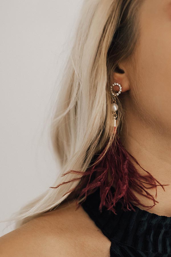 Champagne Please Feather Earrings in Merlot