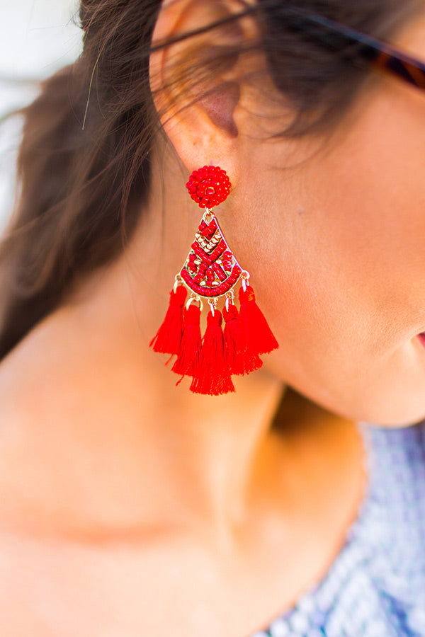 Social Butterfly Tassel Earrings in Red