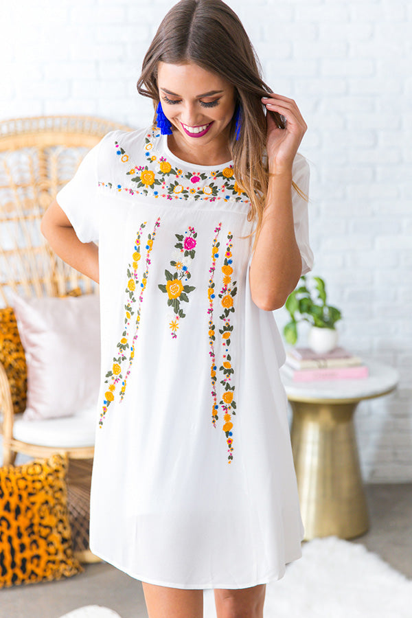 Pina Colada Please Embroidered Shift Dress in White Image - 2