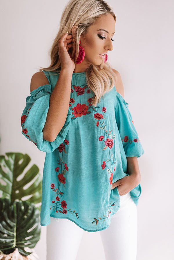Paradise is Calling Embroidered Shift Top in Turquoise Image - 4