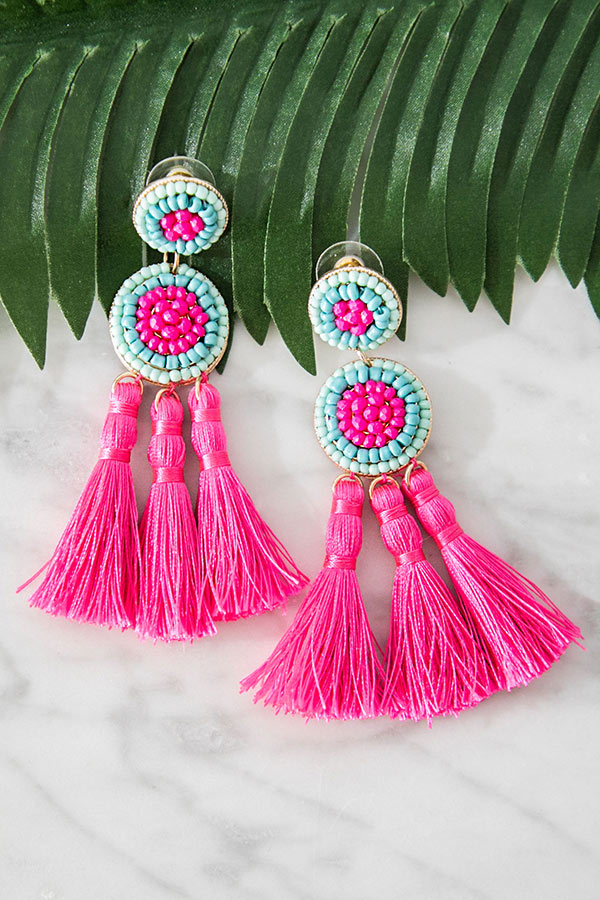 Play It By The Ear Tassel Earrings In Hot Pink