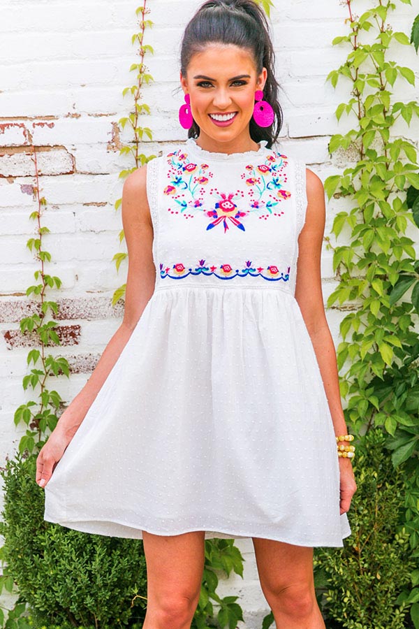 Maui Embroidered Shift Dress In White Image - 1