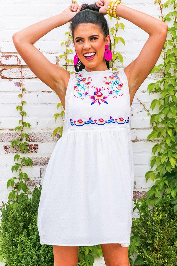 Maui Embroidered Shift Dress In White Image - 2