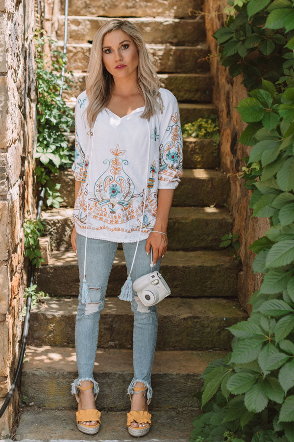 Cocktails By The Coast Embroidered Top in White