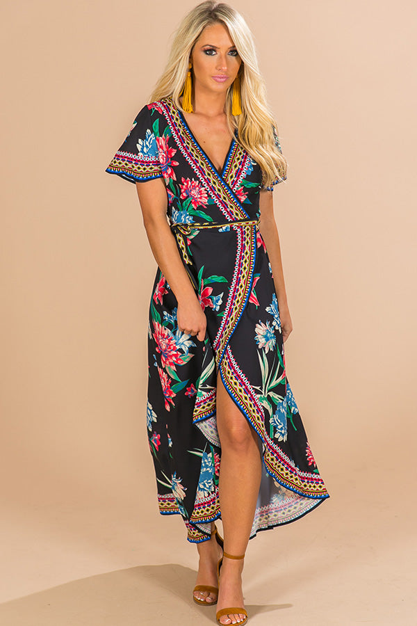 Parisian Floral Wrap Maxi in Black Image - 1